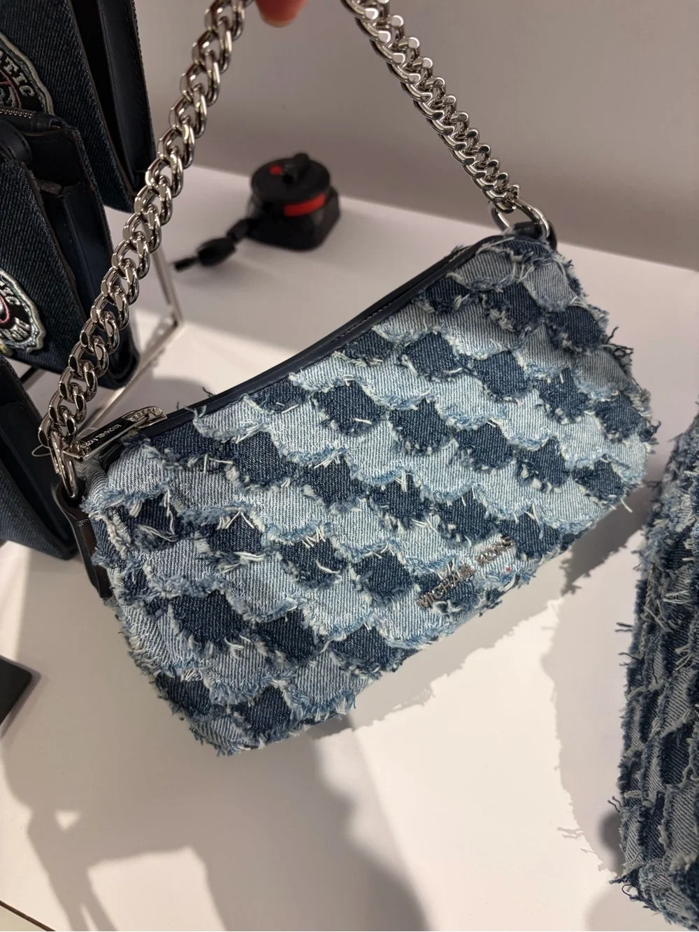 Denim Houndstooth Chain-Handle Shoulder Bag - Light & Dark Blue